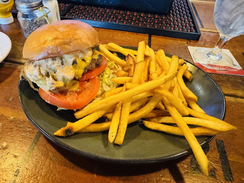 Hamburguesa con cebolla y papas fritas en plato oscuro